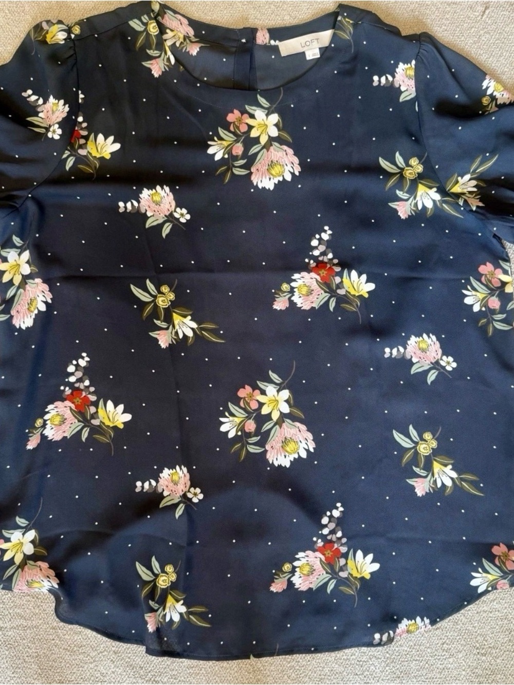 LOFT Navy Floral Short-Sleeve Top with Pink & Yellow Blooms